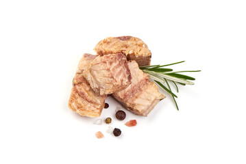 Canned mackerel fillet, isolated on white background.