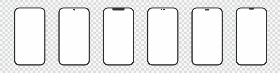 Set realistic smartphone blank screen, phone mockup isolated on transparent background. Template for infographics or presentation UI design interface.