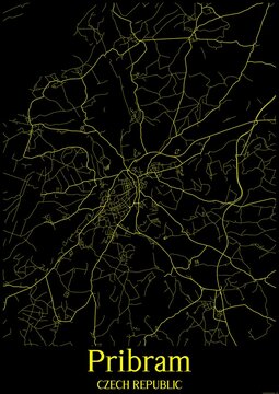 Black and Yellow map of Pribram Czech Republic.