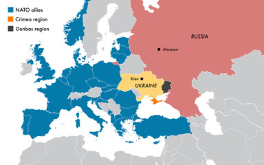 Map with the dispute between Ukraine and Russia, the Crimea and Donbas regions and the NATO allies - obrazy, fototapety, plakaty
