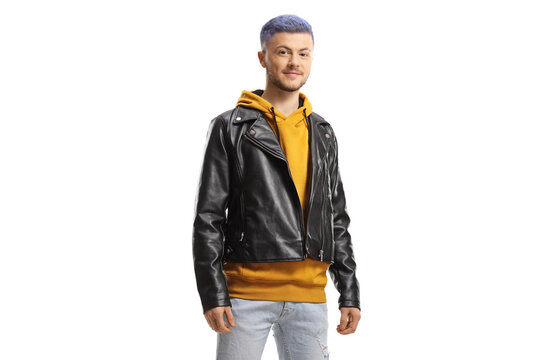 Young man with blue hair wearing jeans and leather jacket