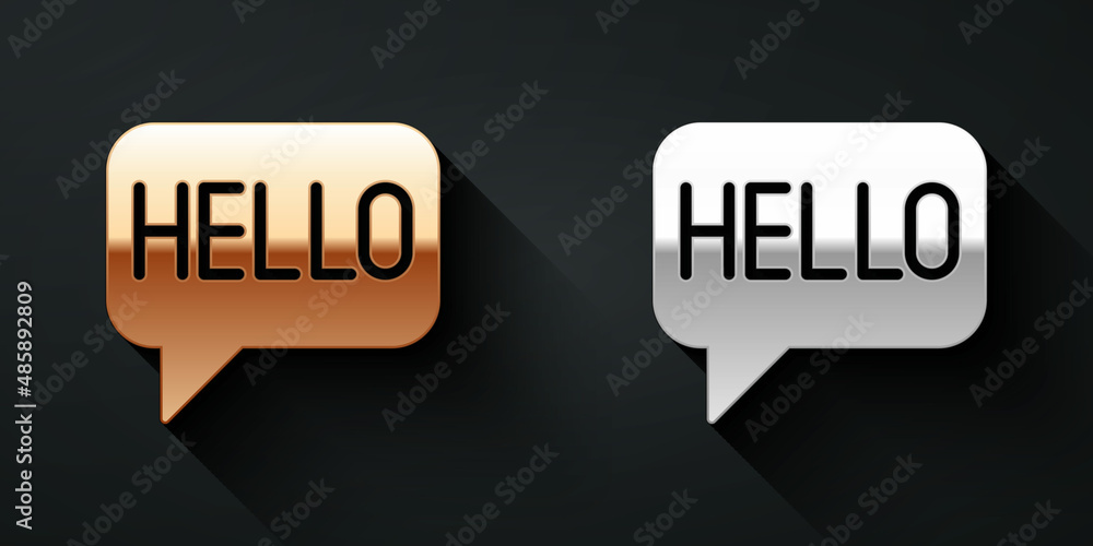 Poster gold and silver hello in different languages icon isolated on black background. speech bubbles. long