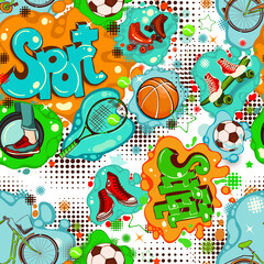 Abstract Seamless pattern graffiti street sport, wrapping paper. Comics repeated ornament. Vector illustration © Мария Неноглядова