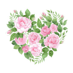 Floral heart with rose flowers and leaves. Watercolor illustration.