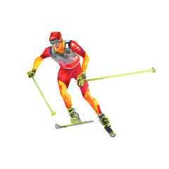 Watercolor man on skis. Hand drawn portrait of athlete in red costume. Painting sports illustration on white background.