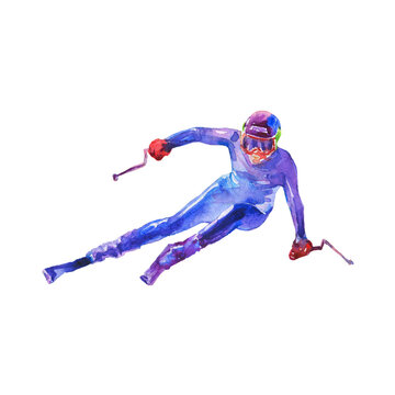 Watercolor man on skis. Hand drawn portrait of athlete. Painting sports illustration on white background.