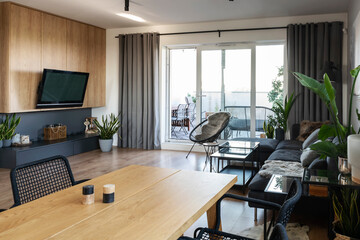 Modern and cozy living room with large window, wooden wall with tv, green plant and comfortable sofa. Spacious room with home design. Apartment at home.