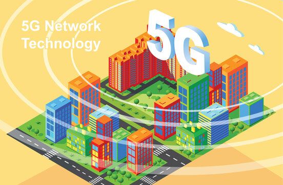 Wireless network 6G and 5G Smart city concept. Internet , 6G wireless network with high speed connection . Smart city. Isometry.Vector image. 