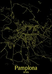 Black and Yellow map of Pamplona Spain.