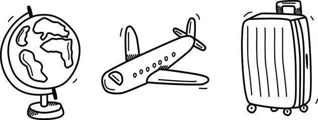 three travel icons in doodle style.plane, globe, suitcase