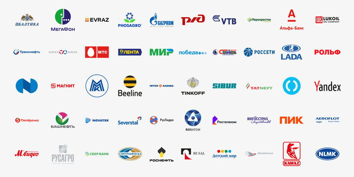 SAINT-PETERSBURG, RUSSIA, FEBRUARY 8 2022: Russian top 50 brands. Russian brands, such as Yandex, Sberbank, Beeline and others. Vector eps illustration.