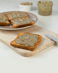 Toasted Bread Spread Organic Sunflower butter. A delicious, creamy and salty treat. Hypoallergenic alternative to peanut butter.