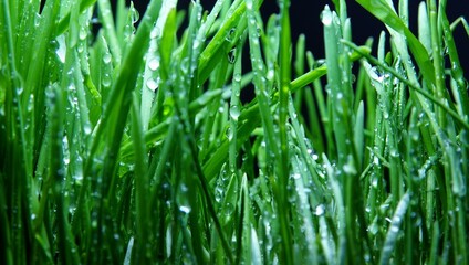 Fototapeta na wymiar Green grass many shiny water drops on black background selective focus 