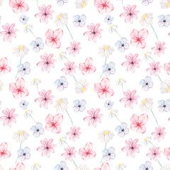 Watercolor seamless pattern. Watercolor flowers illustration. Watercolor floral pattern. Wildflowers. Watercolor wildflowers pattern. Simple flowers and plants. Spring time. Design for textile, decor