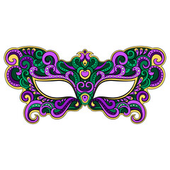 Festive masquerade mask in green and purple colors. Vector illustration isolated on white background