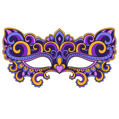 Carnival mask in yellow and purple colors. Vector illustration isolated on white background
