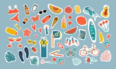 Set of cute vector summer stickers for daily planner. Collection of scrapbooking elements for beach party:cocktail,bag,ice cream,bikini,beach and etc. Vector illustration. 