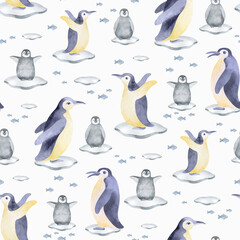Fototapeta premium Seamless pattern with northern animals. Childish illustration of cute north pole animals. Watercolor illustration. For the design of holiday cards, fabric, print, poster, paper.