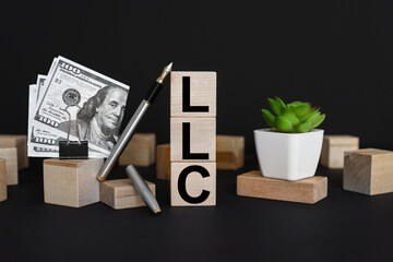 LLC. Limited Liability Company Business Concept Background. text on wooden cubes on black background.