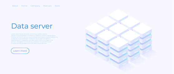 Data server isometric vector illustration. 3d datacenter or data center room background. Data storage concept