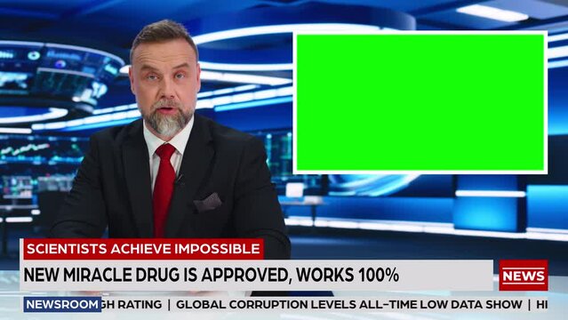 Newsroom TV Studio Live News Program: Professional Male Presenter Reporting, Green Screen Chroma Key Screen Picture. Television Cable Channel Anchor Host Talk. Network Broadcast Mock-up Playback