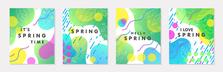 Set of spring banners with green gradient backgrounds;linear leaves;bright fluid shapes and geometric elements in memphis style.Abstract layouts for prints;flyers,invitations;covers,social media.