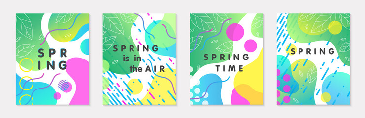 Set of spring banners with green gradient backgrounds;linear leaves;bright fluid shapes and geometric elements in memphis style.Abstract layouts for prints;flyers,invitations;covers,social media.
