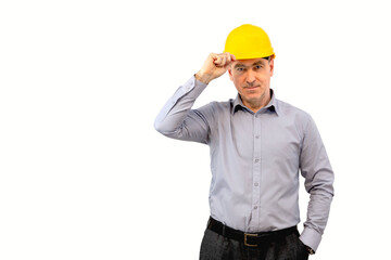 A man in a helmet shows a gesture with his hands. A man builder