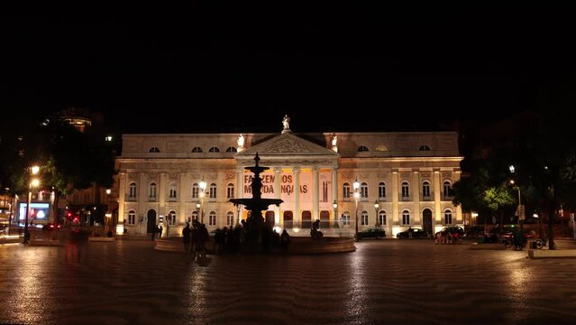 Lisbon, Portugal- Rossio Square Hyperlapse at Night