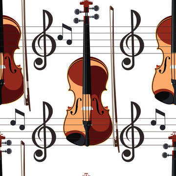 Violin with sheet music and stave and treble clef. Seamless pattern. Vector image.
