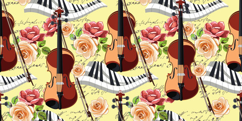 Violin with piano and roses. Seamless pattern with musical instruments and flowering plants. Vector image.