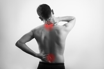 neck pain, cervical spine and lumbar spine vertebra injury pain in male body, spinal cord injury or...