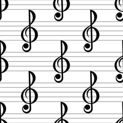 Fototapeta premium Treble musical clef. Seamless pattern with stave and notes, musical signs symbols. Vector image.
