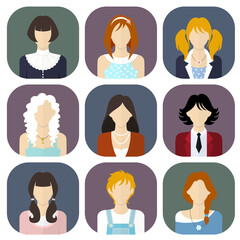 Young girls. Set of beautiful vector avatars in flat style.
