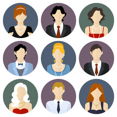 People in festive, formal clothes. Vector round avatars in a flat style.