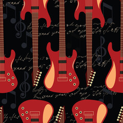 Electric guitar. Kit. Seamless pattern of stringed musical instruments on a black background. Trending vector image in the style of rock, jazz, pop for posters, textiles, packaging, congratulations