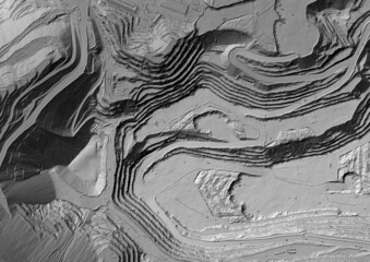 Digital elevation model. GIS product made after proccesing aerial pictures. It shows excavation site with steep rock walls that was mapped from a drone