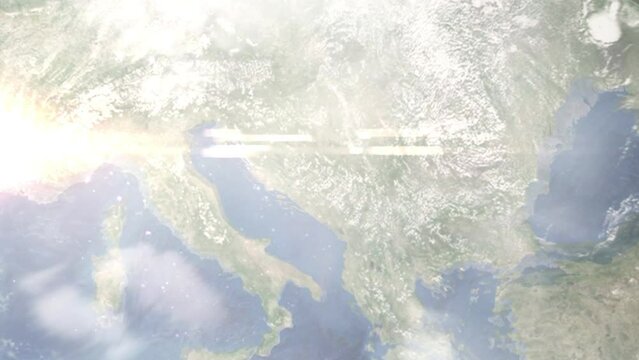 Earth zoom in from outer space to city. Zooming on Bosnia and Herzegovina, Sarajevo. The animation continues by zoom out through clouds and atmosphere into space. Images from NASA
