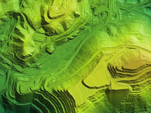 Digital elevation model. GIS product made after proccesing aerial pictures. It shows excavation site with steep rock walls that was mapped from a drone