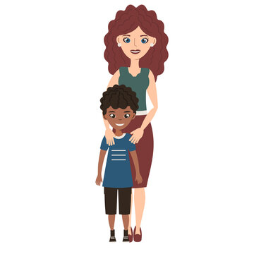 Happy mother with son outside smiling. Family outdoors having fun in the summer. Vector flat cartoon style. Isolated object on a white background. Trend colors.