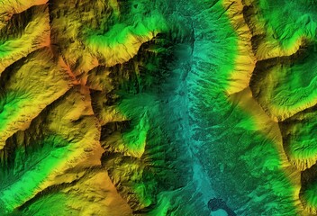 Digital elevation model. GIS product made after proccesing aerial pictures taken from a drone. It shows high rocky and steep mountain peaks. At their feet are visible valleys and mountain lakes