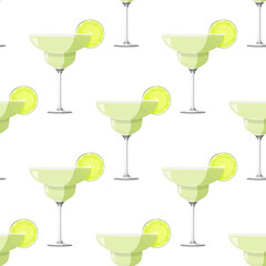 Margarita cocktail with slice of lime realistic vector background. Simple seamless pattern with alcohol drinks.