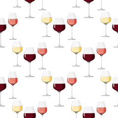Seamless pattern with simple glasses of wine. Alcohol beverages background.