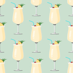 Tropical drink Pina Colada background. Alcohol drink seamless pattern.