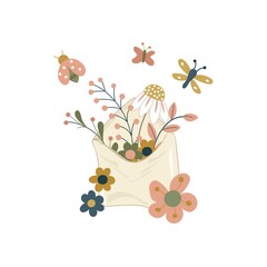 Envelope with beautiful delicate flowers. Cute spring illustration. Perfect for greeting card, party invitation, poster. Hand drawn. Vector illustration.