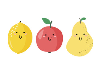 Simple cute fruits with smile illustration. Minimal flat style cartoon characters isolated on white background.