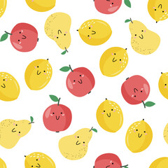Simple cute fruits with smile background. Minimal flat style cartoon characters seamless pattern.