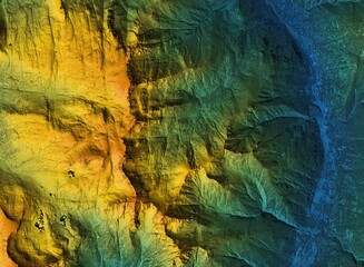 Digital elevation model. GIS product made after proccesing aerial pictures taken from a drone. It shows high rocky and steep mountain peaks. At their feet are visible valleys and mountain lakes