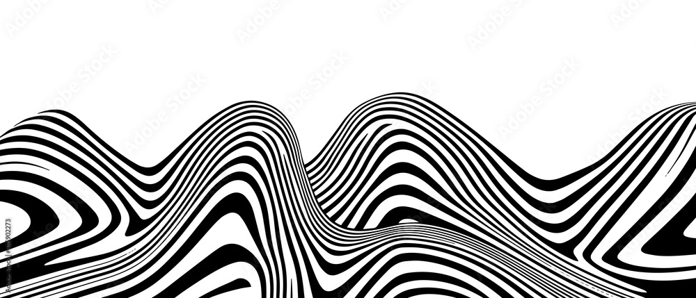 Poster optical illusion waves vector design. op art background. wavy stripped shape pattern.