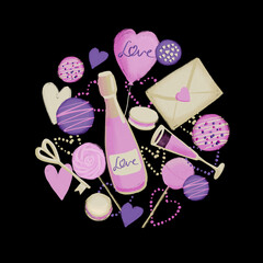 Illustration of Valentine symbols in the shape of a circle of pink purple color on a black background